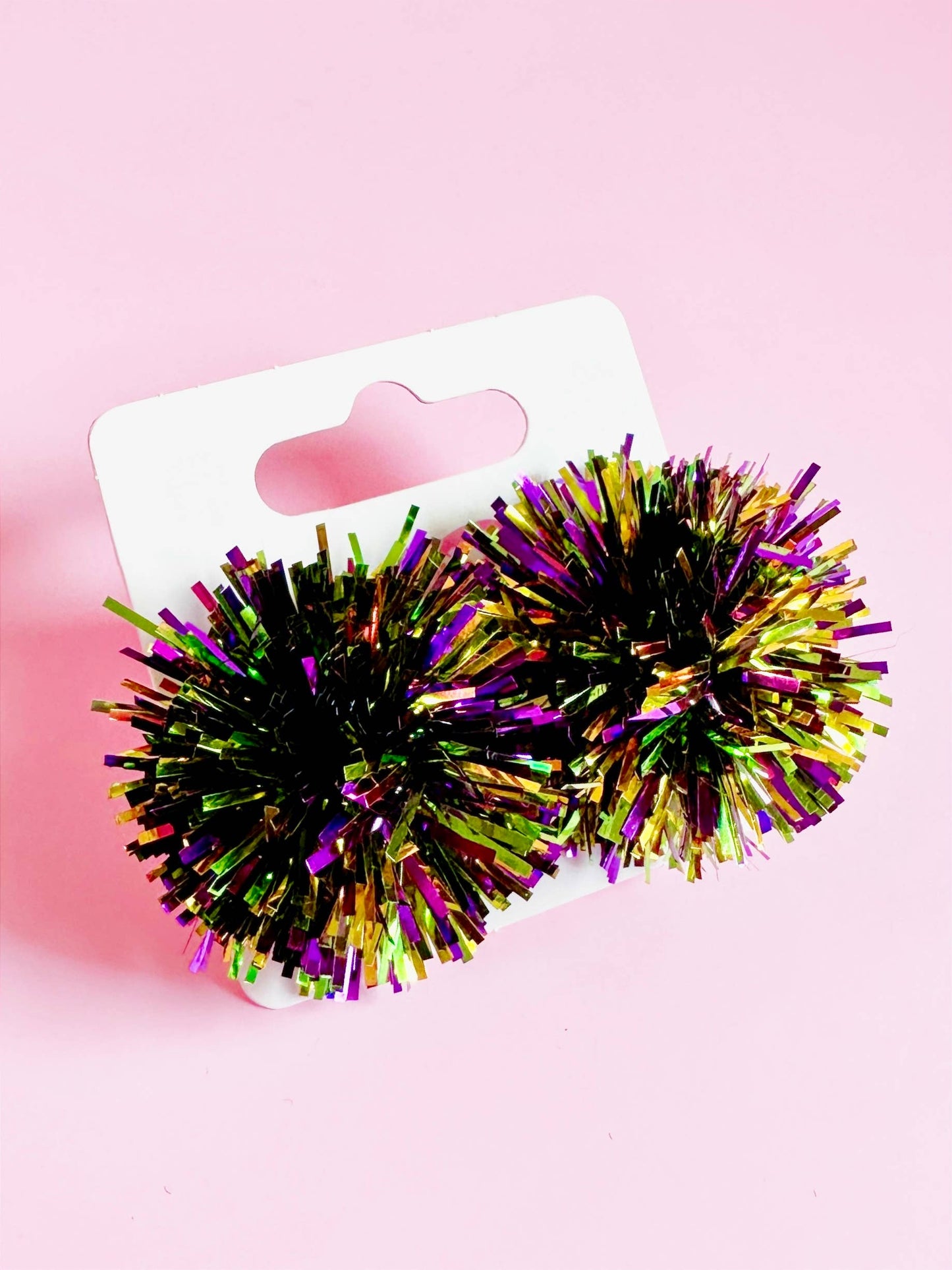 Purple, Green, and Gold Tinsel Mardi Gras Party Pom Stud