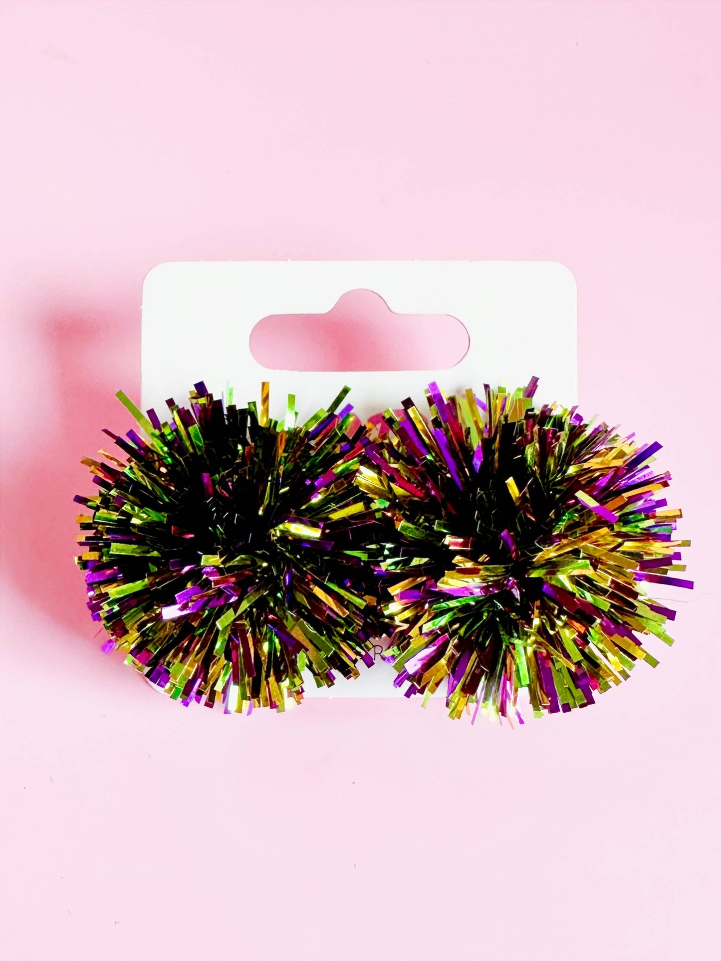 Purple, Green, and Gold Tinsel Mardi Gras Party Pom Stud