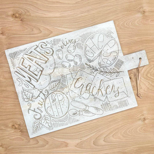 Illustrated Charcuterie Serving Board   Antique White   12x18x0.5