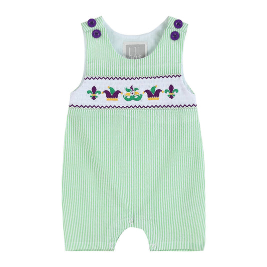 Green and Purple Mardi Gras Smocked Baby Shortalls