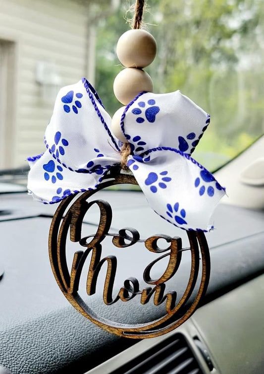 Dog Mom Car Charm Ornament - Paw Print Ribbon